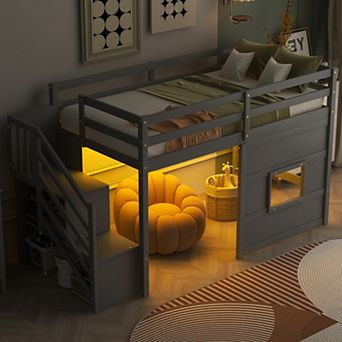 Twin Size Loft Bed with Storage Staircase and Window LED Light Gray