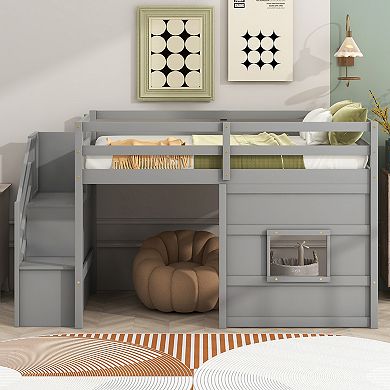 Twin Size Loft Bed with Storage Staircase and Window LED Light Gray