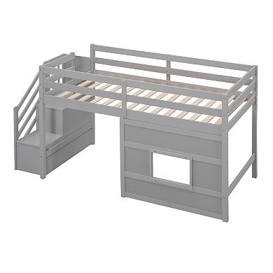 Twin Size Loft Bed with Storage Staircase and Window LED Light Gray