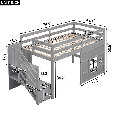 Twin Size Loft Bed with Storage Staircase and Window LED Light Gray