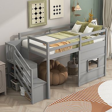 Twin Size Loft Bed with Storage Staircase and Window LED Light Gray