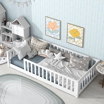 Twin Size Floor Bed with Fence and Safety Guardrails Rubber Wood White