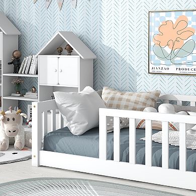 Twin Floor Bed with Fence and Safety Guardrails Rubber Wood White