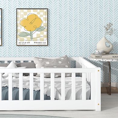 Twin Floor Bed with Fence and Safety Guardrails Rubber Wood White
