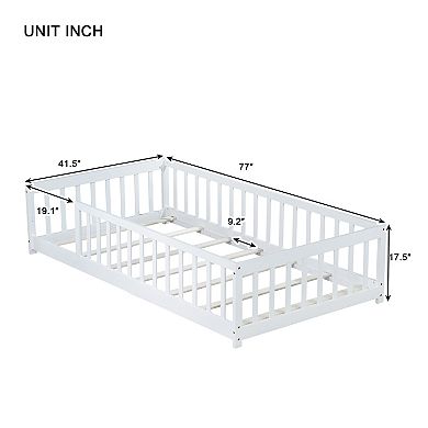 Twin Floor Bed with Fence and Safety Guardrails Rubber Wood White