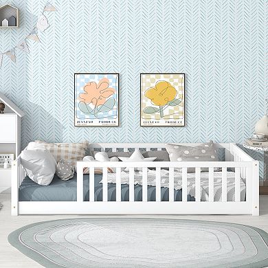 Twin Floor Bed with Fence and Safety Guardrails Rubber Wood White