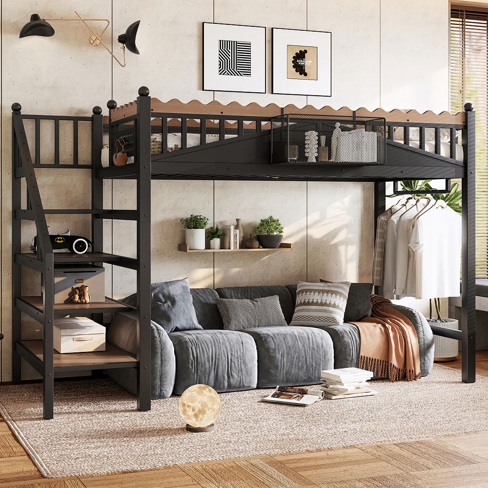 Twin XL Loft Bed with Storage Stairs Pegboard Shelves Metal Loft Bed