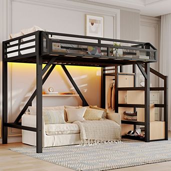 Twin XL Loft Bed with Storage Stairs Shelves Wardrobe USB LED Lights Noise Reduced Natural