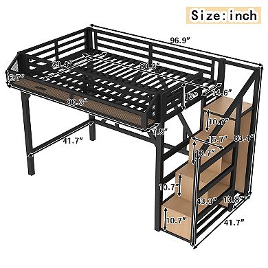 Twin XL Loft Bed with Storage Stairs Shelves Wardrobe USB LED Lights Noise Reduced Natural