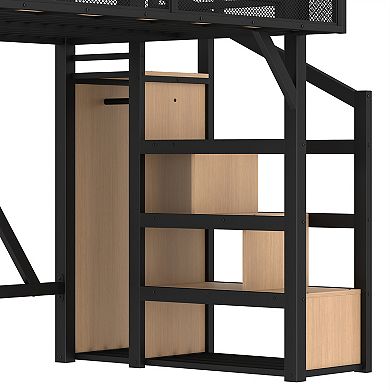 Twin XL Loft Bed with Storage Stairs Shelves Wardrobe USB LED Lights Noise Reduced Natural