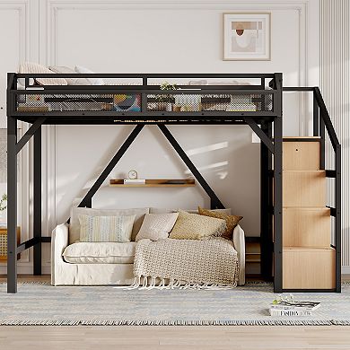 Twin XL Loft Bed with Storage Stairs Shelves Wardrobe USB LED Lights Noise Reduced Natural
