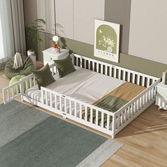 Queen Size Floor Bed with Fence and Door Rubber Wood Safety Guardrails White