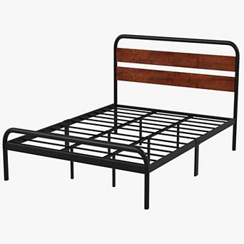 Noise Free Metal Bed Frame with Wooden Headboard and Under Bed Storage Easy Assembly