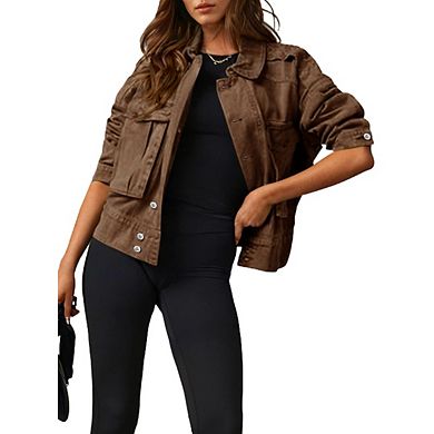 Women's Basic Button Down Stretch Fitted Long Sleeves Jacket