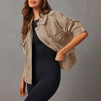 Women's Basic Button Down Stretch Fitted Long Sleeves Jacket