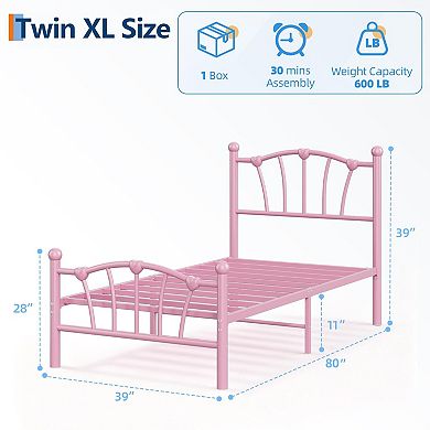 Metal Platform Bed Frame with Heart Headboard and Footboard for Kids