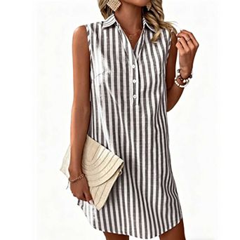 Women's Sleeveless Striped Shirt Dress, V Neck Button Down Casual Loose Mini Dress