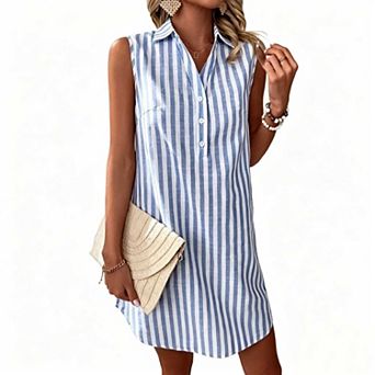 Women's Sleeveless Striped Shirt Dress, V Neck Button Down Casual Loose Mini Dress