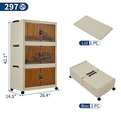 Stackable Storage Bins with Wheels, Foldable Clothes Organizer for Bedroom Closet, Bathroom