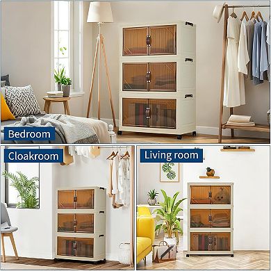 Stackable Storage Bins with Wheels, Foldable Clothes Organizer for Bedroom Closet, Bathroom
