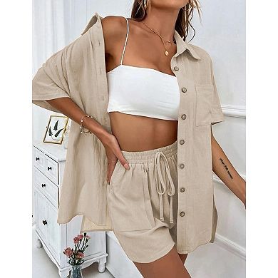 Women's 2 Piece Outfits Button Down Short Sleeve Shirt Drawstring Shorts Set Casual Loungewear