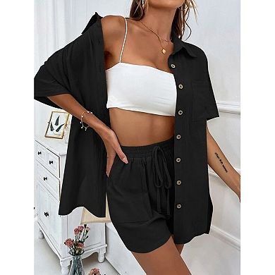Women's 2 Piece Outfits Button Down Short Sleeve Shirt Drawstring Shorts Set Casual Loungewear