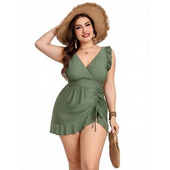 Women's Plus Size One Piece Swimdress Tummy Control Ruffle V-Neck Drawstring Swimsuit