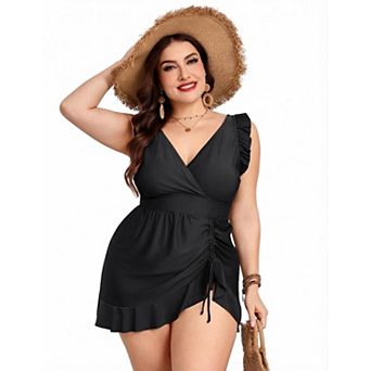 Women's Plus Size One Piece Swimdress Tummy Control Ruffle V-Neck Drawstring Swimsuit