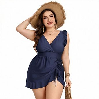 Women's Plus Size One Piece Swimdress Tummy Control Ruffle V-Neck Drawstring Swimsuit