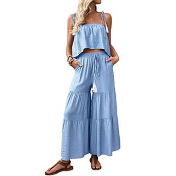Women's Two-Piece Set: Solid Color Camisole Top & Wide-Leg Pants