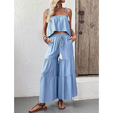 Women's Two-Piece Set: Solid Color Camisole Top & Wide-Leg Pants
