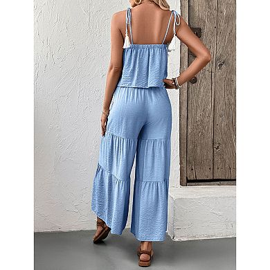 Women's Two-Piece Set: Solid Color Camisole Top & Wide-Leg Pants