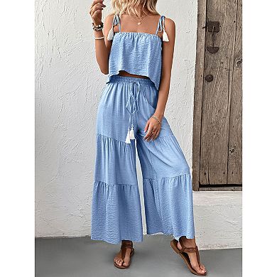 Women's Two-Piece Set: Solid Color Camisole Top & Wide-Leg Pants