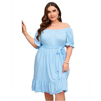 Women Summer Plus Size Dress Off Shoulder Short Sleeve Flowy Ruffle A-Line Dress with Belt