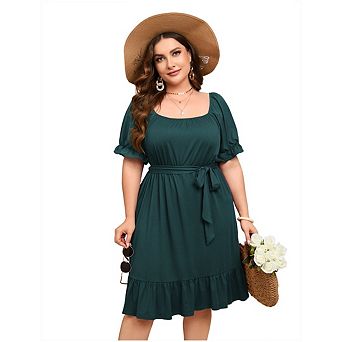 Women Summer Plus Size Dress Off Shoulder Short Sleeve Flowy Ruffle A-Line Dress with Belt
