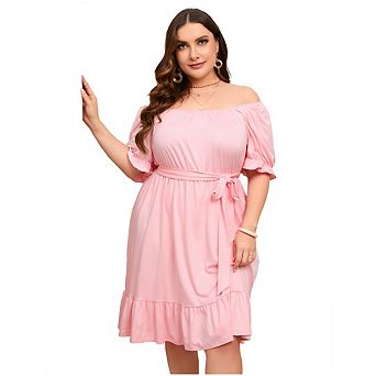 Women Summer Plus Size Dress Off Shoulder Short Sleeve Flowy Ruffle A-Line Dress with Belt