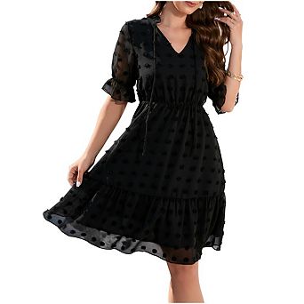 Women Summer Smocked Dress Short Flutter Sleeve V Neck Swiss Dot Babydoll Ruffle Tiered Mini Dress