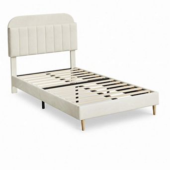 Upholstered Bed Frame with Storage Headboard Platform Bed Wood Slat Support
