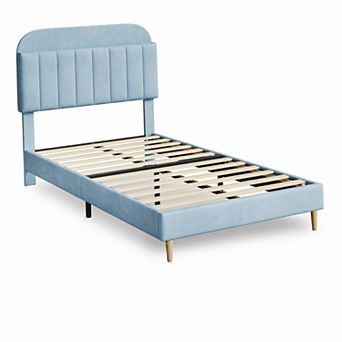 Upholstered Bed Frame with Storage Headboard Platform Bed Wood Slat Support