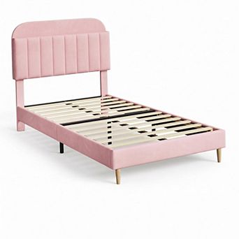 Upholstered Bed Frame with Storage Headboard Platform Bed Wood Slat Support