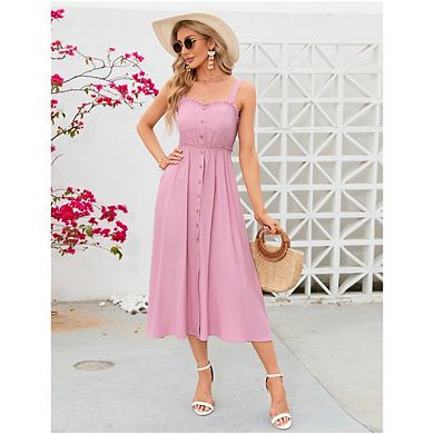 Women Summer Sleeveless Dress Spaghetti Strap Button Down Beach Long Maxi Dresses with Pockets
