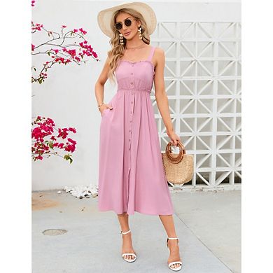 Women Summer Sleeveless Dress Spaghetti Strap Button Down Beach Long Maxi Dresses with Pockets