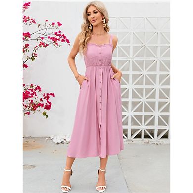 Women Summer Sleeveless Dress Spaghetti Strap Button Down Beach Long Maxi Dresses with Pockets