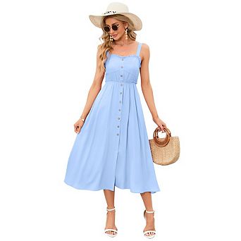 Women Summer Sleeveless Dress Spaghetti Strap Button Down Beach Long Maxi Dresses with Pockets