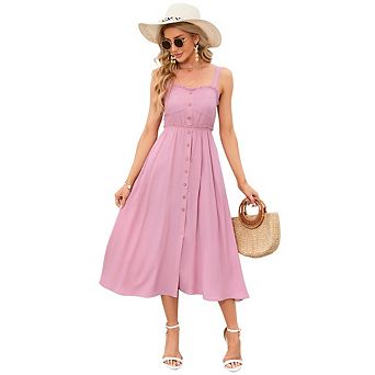 Women Summer Sleeveless Dress Spaghetti Strap Button Down Beach Long Maxi Dresses with Pockets
