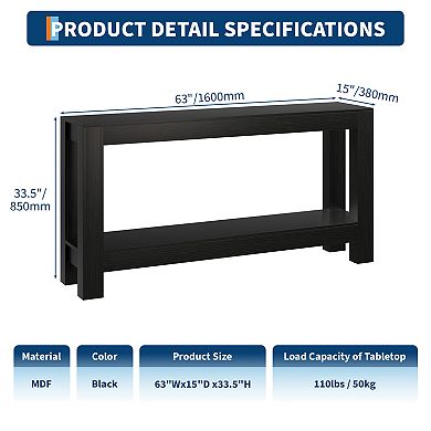 2-Tier Narrow Engineered Wood Console Sofa Table Shelving for Entryway