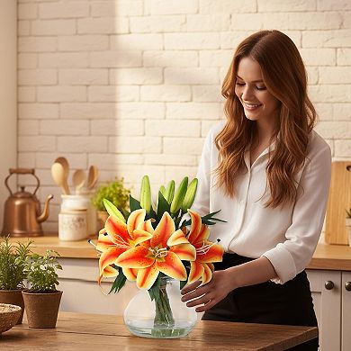 6pc 13" Silk Tiger Lilies in Glass Vase, Lifelike