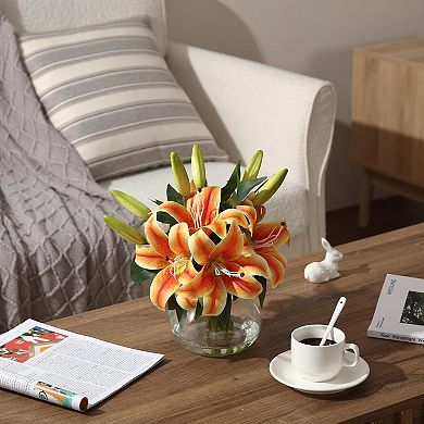 6pc 13" Silk Tiger Lilies in Glass Vase, Lifelike