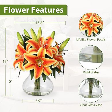 6pc 13" Silk Tiger Lilies in Glass Vase, Lifelike