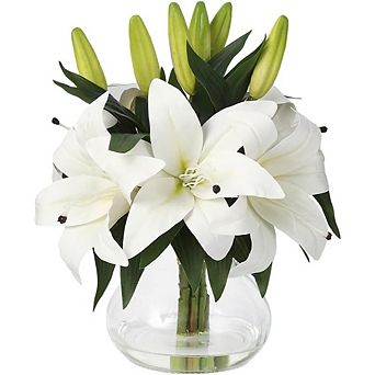 6 pc 13" Silk Tiger Lilies in Glass Vase, Lifelike
